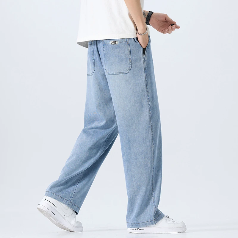 Men's Tencel Lyocell Straight Leg Jeans Summer Casual Loose Fit Lightweight Pants Casual Streetwear Comfortable Denim Trousers