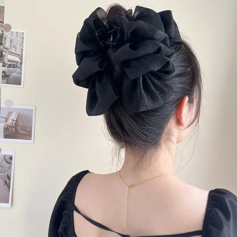 Sweet Mesh Tulle Big Bow Hair Claw Clips for Women Girls White Black Bowknot Hair Clamp Ponytail Hairpin Headdress Accessories