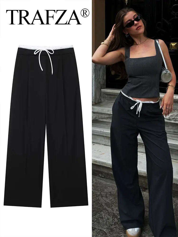 TRAFZA 2024 Woman Casual Patchwork Trousers Elastic Waist Loose Long Pants Female Wild Commute Women\'s  Wide Leg Pant Streetwear