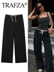 TRAFZA 2024 Woman Casual Trousers Chic Patchwork Loose Women's Long Pants High Waist Wild Commute Woman Wide Leg Pant Streetwear