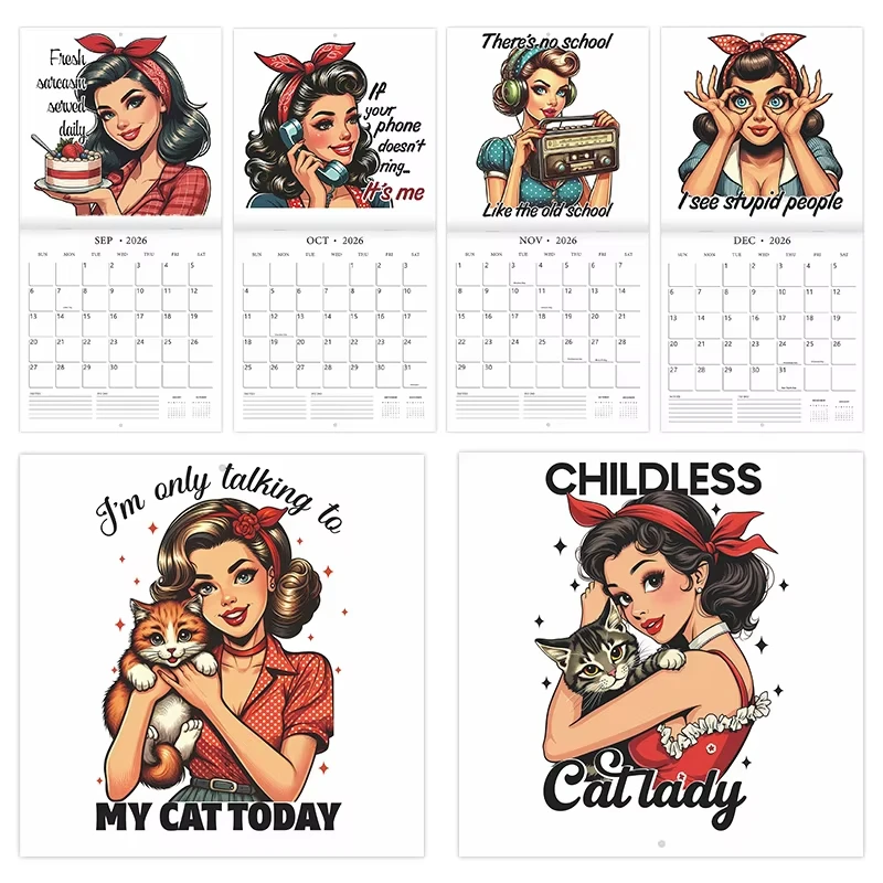 2026 ريترو فتاة جميلة التقويم مضحك النص التقويم 12 شهر جدار التقويم الكمال هدية الكريسماس للنساء متعب