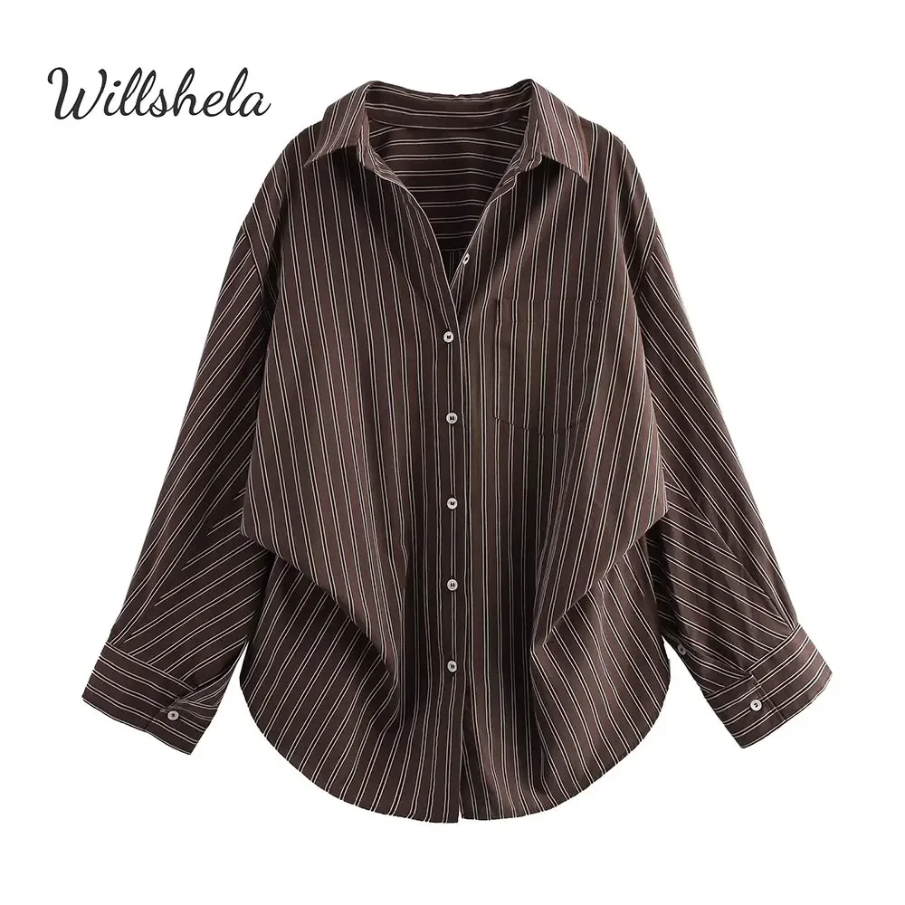 Willshela Women Fashion Striped Pleated Shirt Lapel Collar Long Sleeves Female Chic Lady Casual Blouse