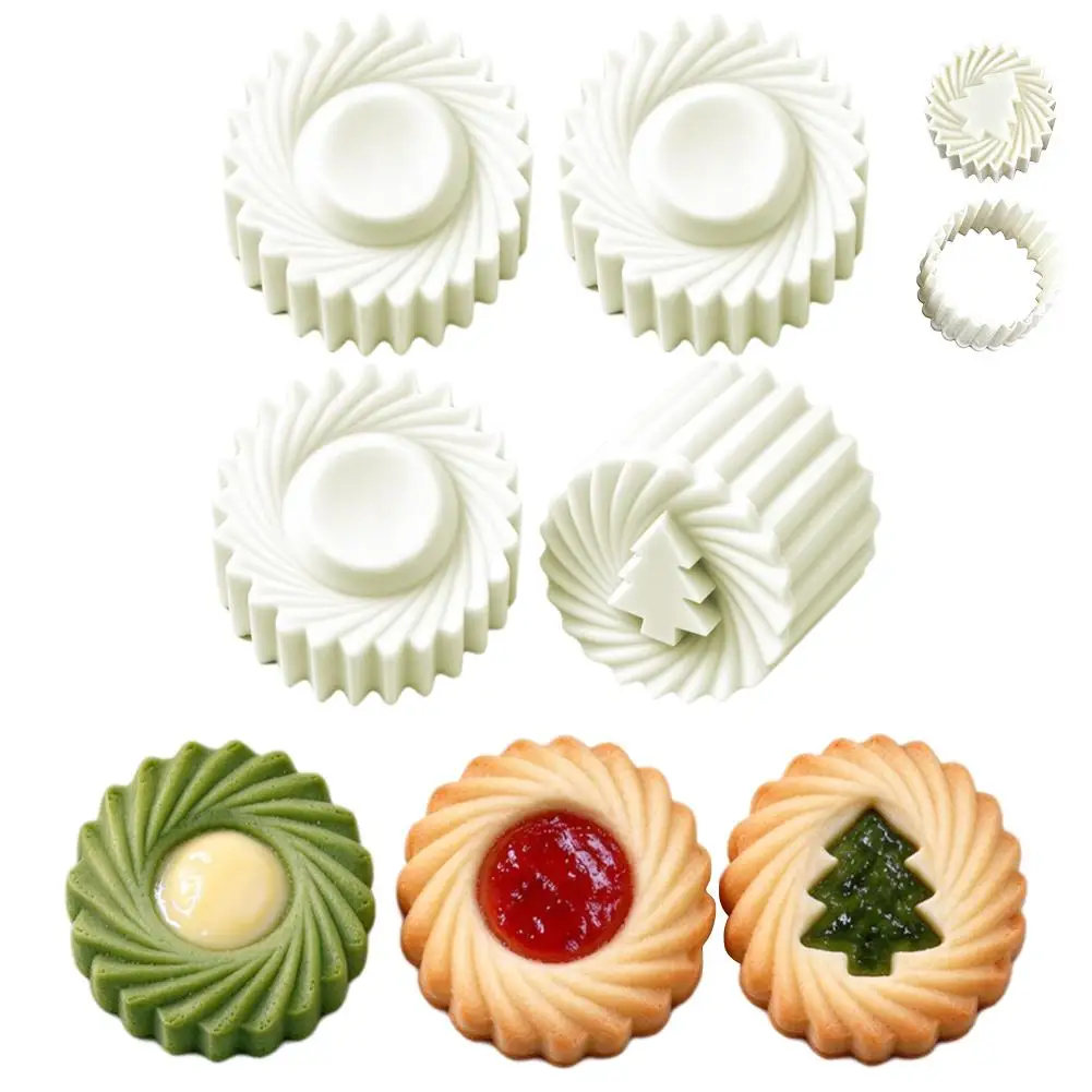 Christmas Tree Cookie Cutter Mold Set Plastic Jam Biscuit Press Mold Swirl Pattern Dough Stamper 2 or 4 Piece Pack for Holiday