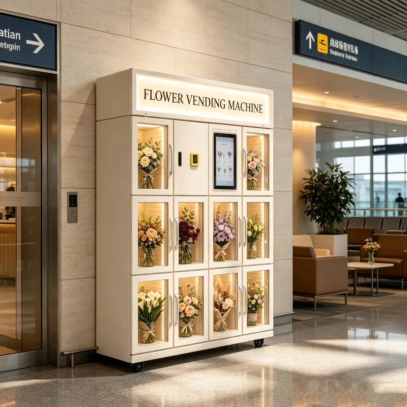 Commercial Flower Vending Kiosk Constant Temperature Fresh Keeping Switchable LED Light Coin Bill Bank Card Payment for Airport