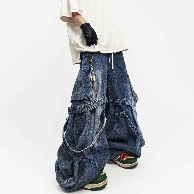 LUZHEN 2026 New Trendy Ribbon Decorate Patchwork Baggy Denim Pants Men's Street Hip -hop Style Elastic Waist Denim Pants JY7851