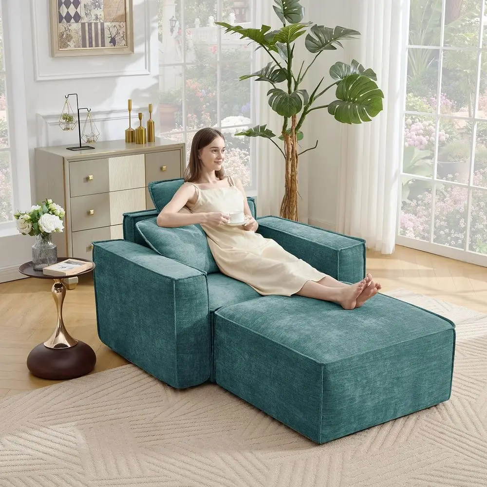 47 Single Sofa with Ottoman, Chenille Cloud Couch with Wide Armrests amp 3 Pillows, Deep Seat Couches for Living Room, Green