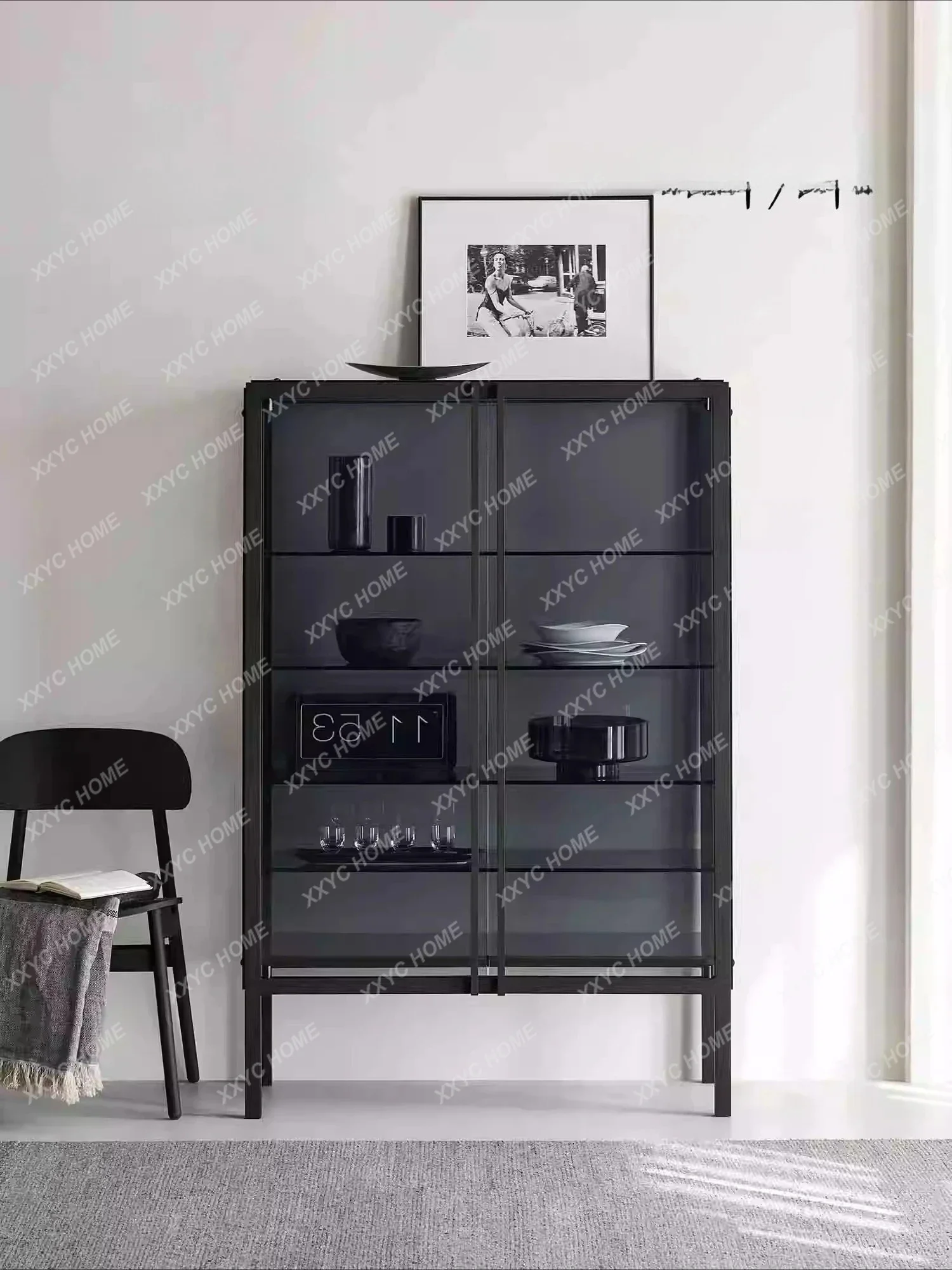 QQX /Shadow Decorative Cabinet North American Imported Oak Solid Wood Tempered Glass Wine Cabinet Designer Side Cabinet