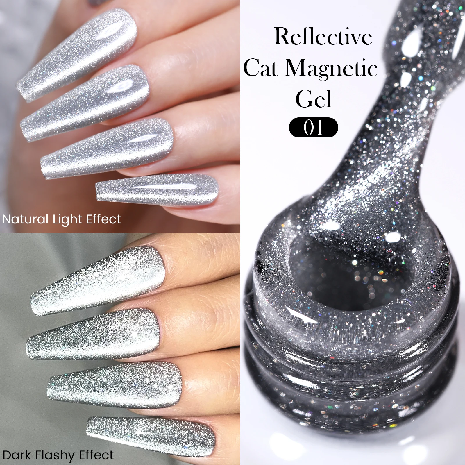 BORN PRETTY Reflektierender Katzen-Magnet-Gel-Nagellack, 10 ml, silberfarben, glänzender Glitzer, Vernis, semi-permanentes Soak-Off-Magnet-UV-Gel