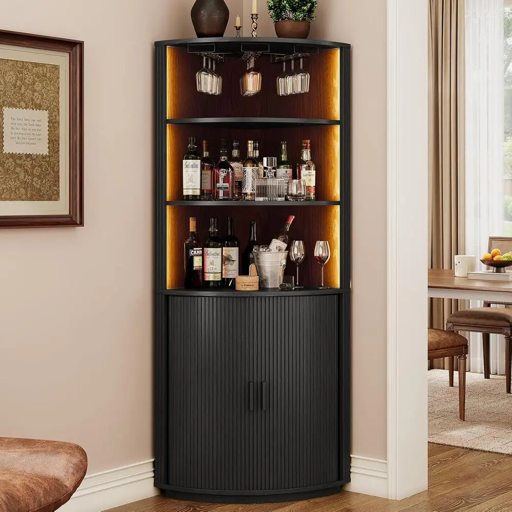 72 High LED-Lit Bar Cabinet with Sliding Door, Storage, and Wine Glass Holder for Dining or Living Rooms in Black