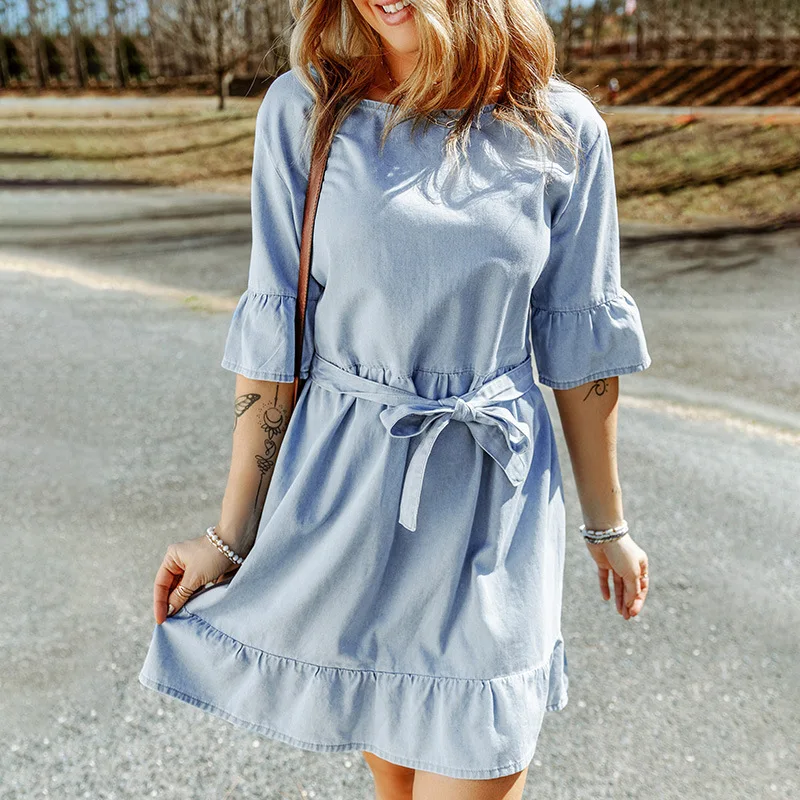 

Женское летнее джинсовое платье с оборками и коротким рукавом, однотонное платье из денима с поясом и высокой талией, 786404