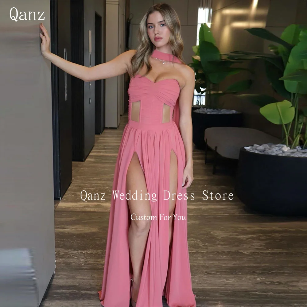 

Qanz Coral Pink Chiffon Prom Dress High Slit Vestidos De Fiesta Elegantes Long A Line Women Strapless Robes De Soirée Customized