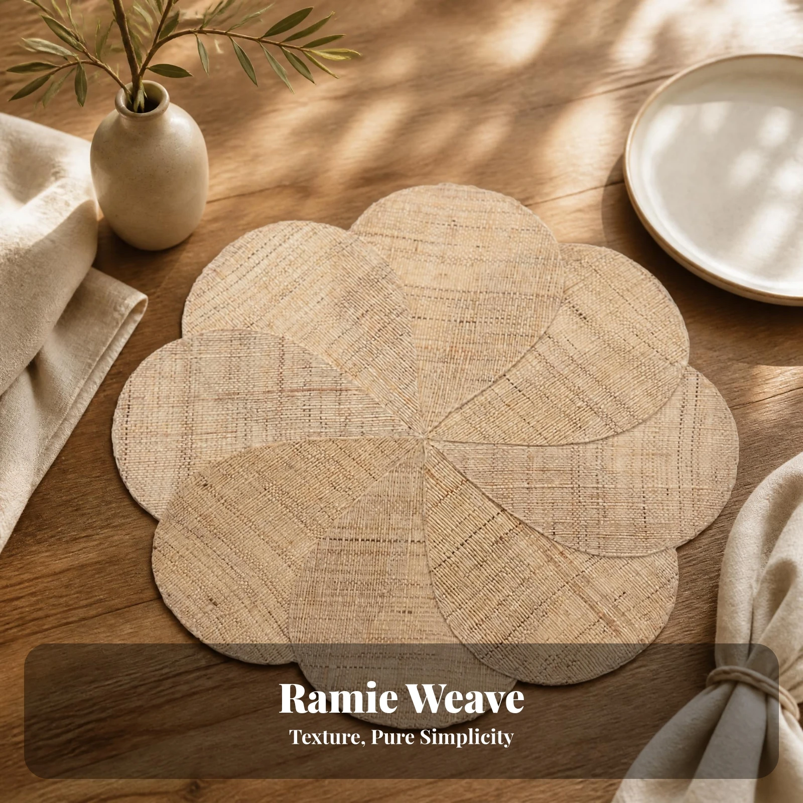 Round Flower Placemat Ramie Fiber Flower Placemat Wicker Place Mat Natural Beige Table Decor Handmade Style