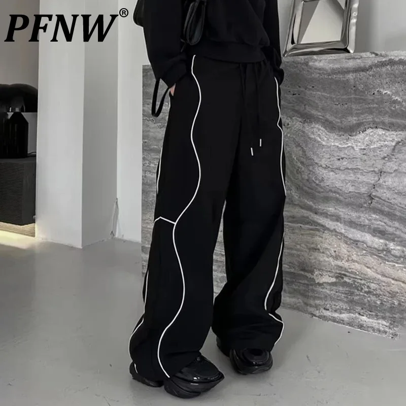 

PFNW Men's Line Design Wide Leg Pants Men's Trendy High Street Drawstring Loose Bottom Autumn Sports Casual Trousers New 28W4710