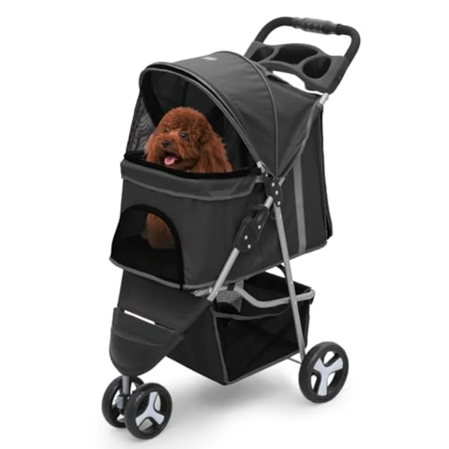 

Dog stroller for dogs and cats: foldable pet jogger with cup holders, bottom storage, black, supports pets up to 33 lbs