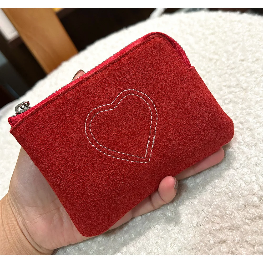 Suede Leather Coin Purse with Heart Embroidery & Chain - Small Zipper Wallet for Cards/Cash/Keys | Women’s Cute Daily Pouch