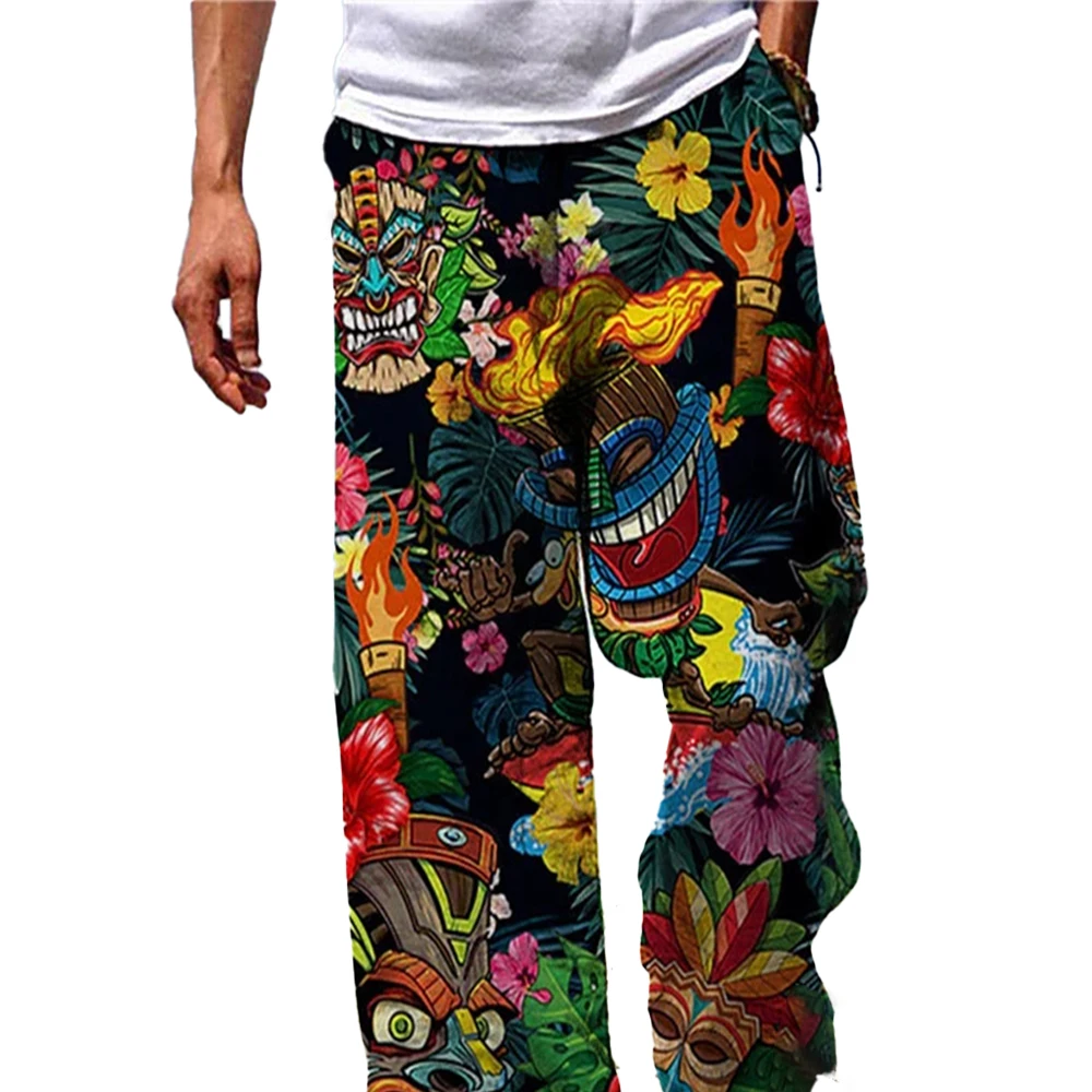 Men\'s Trousers Summer Beach Pants Drawstring Elastic Waist Totem Printing Comfort Casual Long Pants