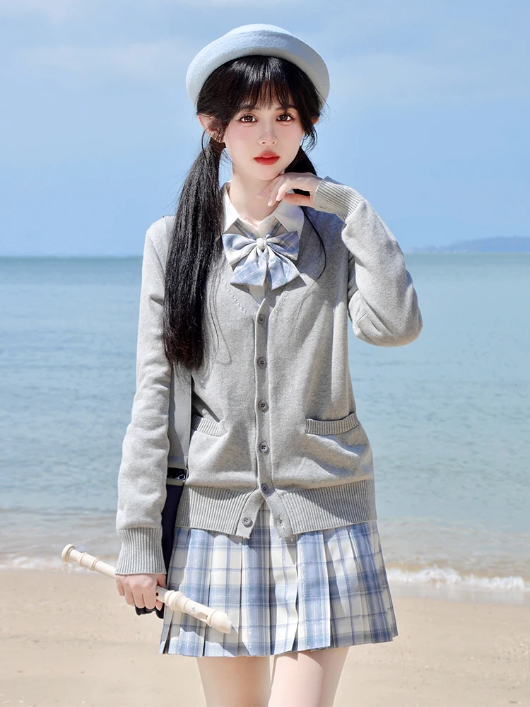 Original Jk Uniform Set College Style Knitted Cardigan Sweater Pleated Skirt Shirt Lolita Three Piece Loose Fitting Women's S