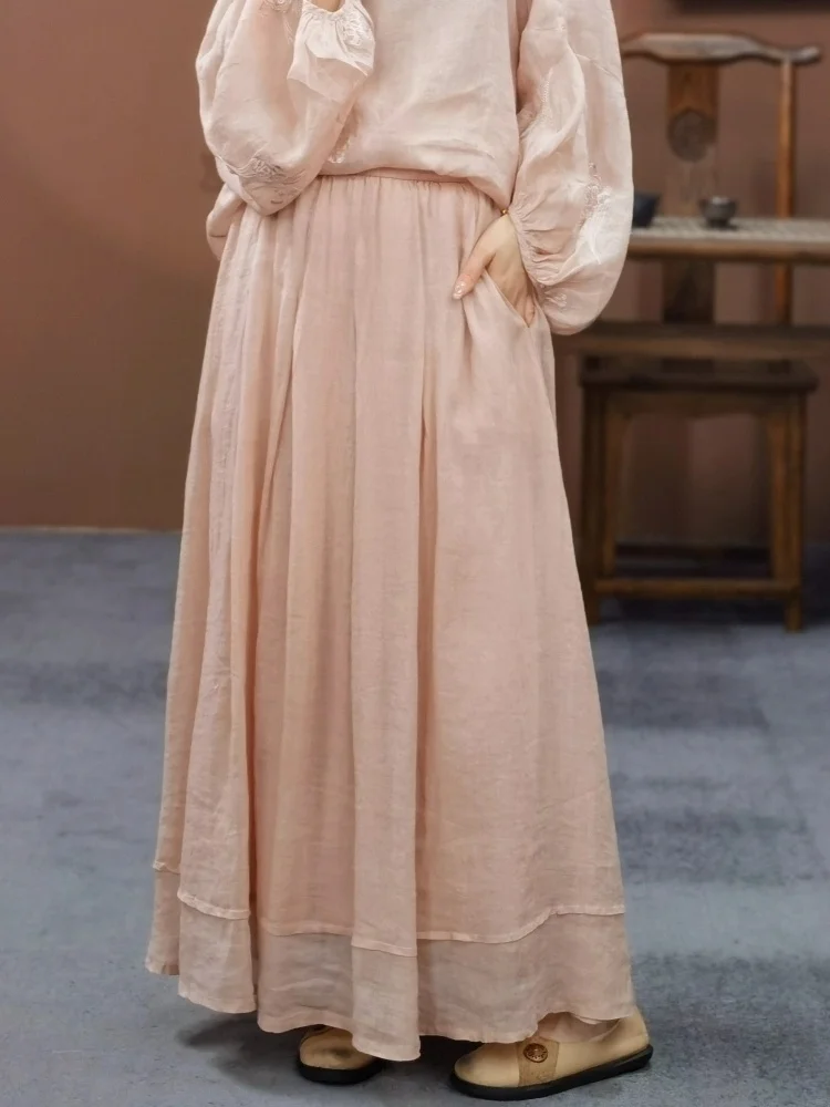 Nieuwe Chinese Sle Losse Dubbellaags Pure Kleur Vlas Midi Rok vrouwen Ciwalk A-lijn Rok midden Taille Elastische taille
