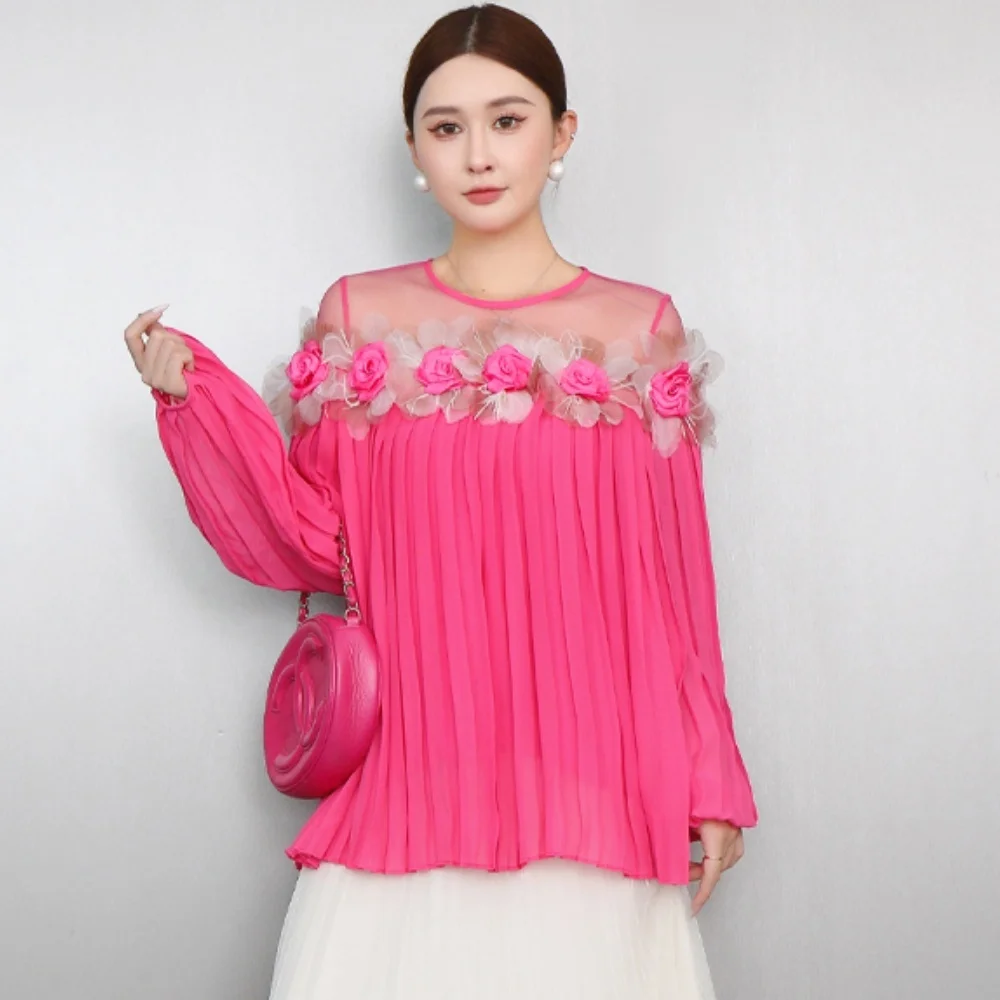 

2026 Spring French-style Floral Mesh Patchwork Lantern Sleeve Chiffon Blouse Women Pleated Design Long-sleeved Top XY27