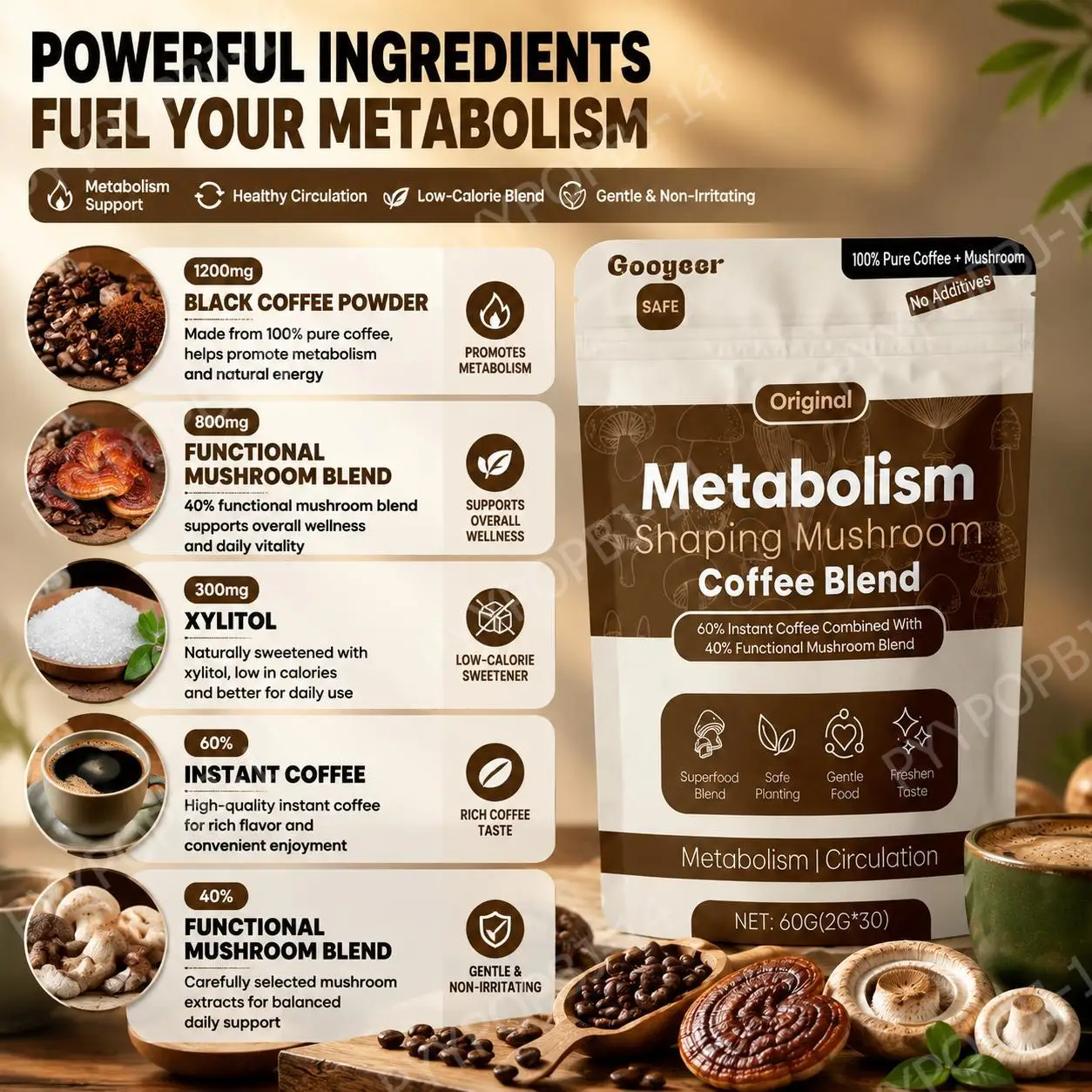 Googeer Original Metabolism Shaping Mushroom Blend Powder Supplement with Xylitol, No Additives, Gentle Formula 60g (2g X 30) - view 4