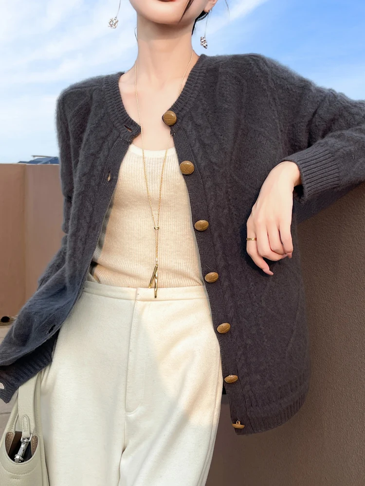 

Streetwear Single Breasted Thick O-Neck 100% Merino Women's Cardigan Twist Flower Basic Soft Simple Solid Color Tops