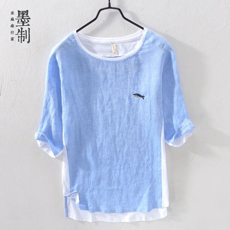 

Летняя тонкая хлопково-льняная мужская футболка с коротким рукавом, свободного кроя, имитация двухслойности, модный городской стиль, дышащая, влагоотводящая.