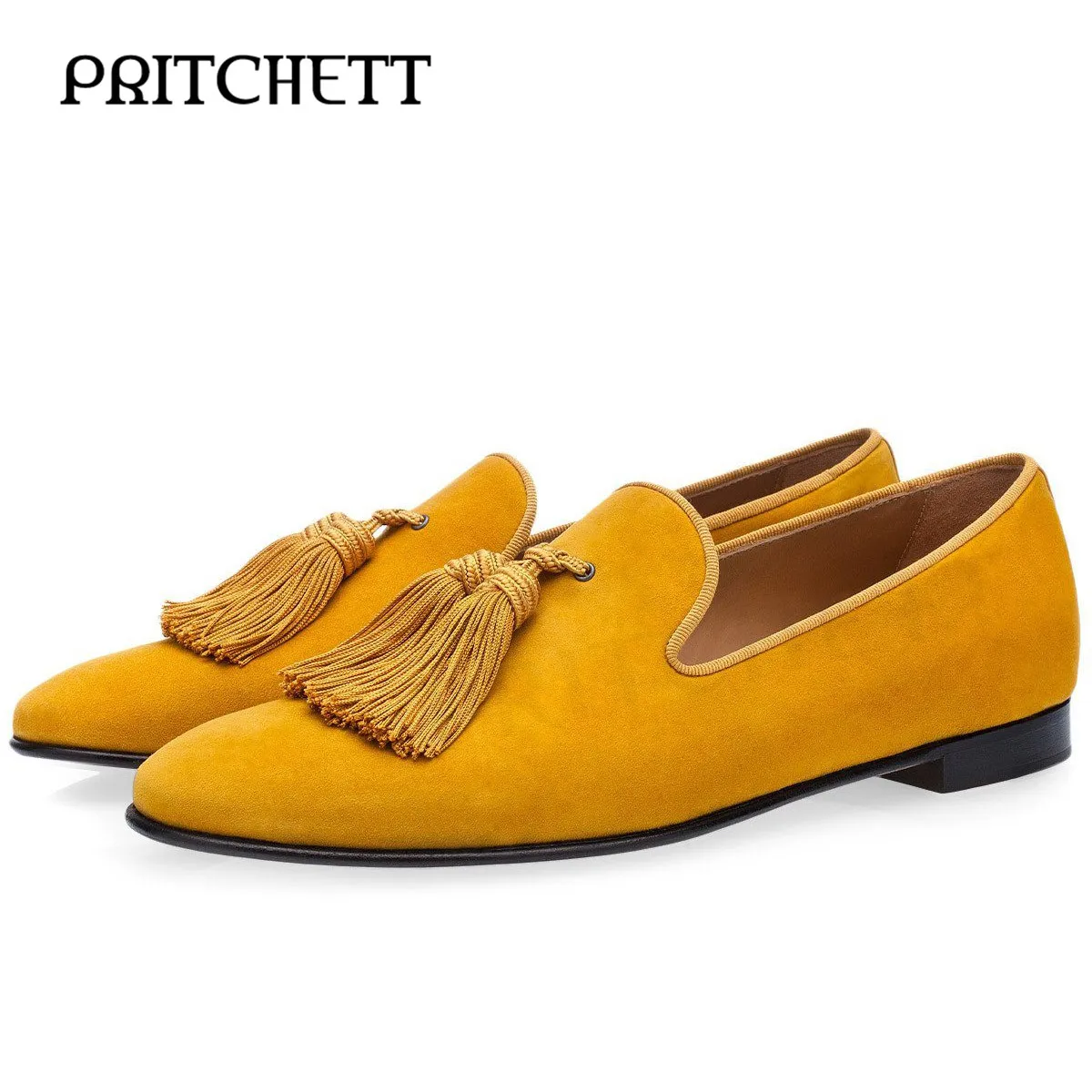 

Yellow Suede Tassel Loafers Round Toe Square Root Shallow Mouth Slip On Leather Casual Shoes Men's Formal Fashion Leather Shoes