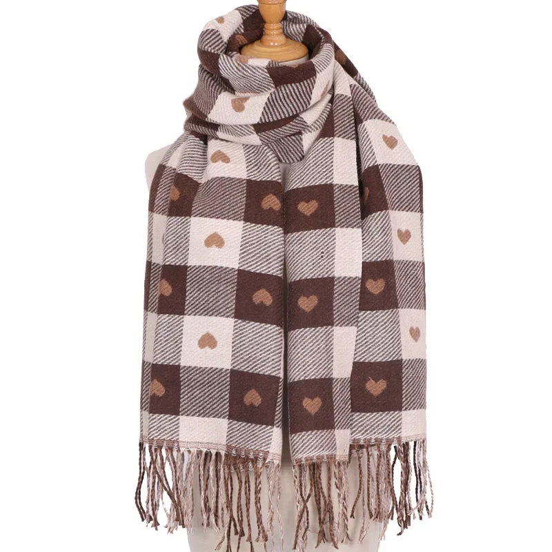 Thickening Double Layer Scarf Winter Wearing Heart-shaped Plaid Scarf for Women Acrylic Tassels Long Shawl and Neck Scarf