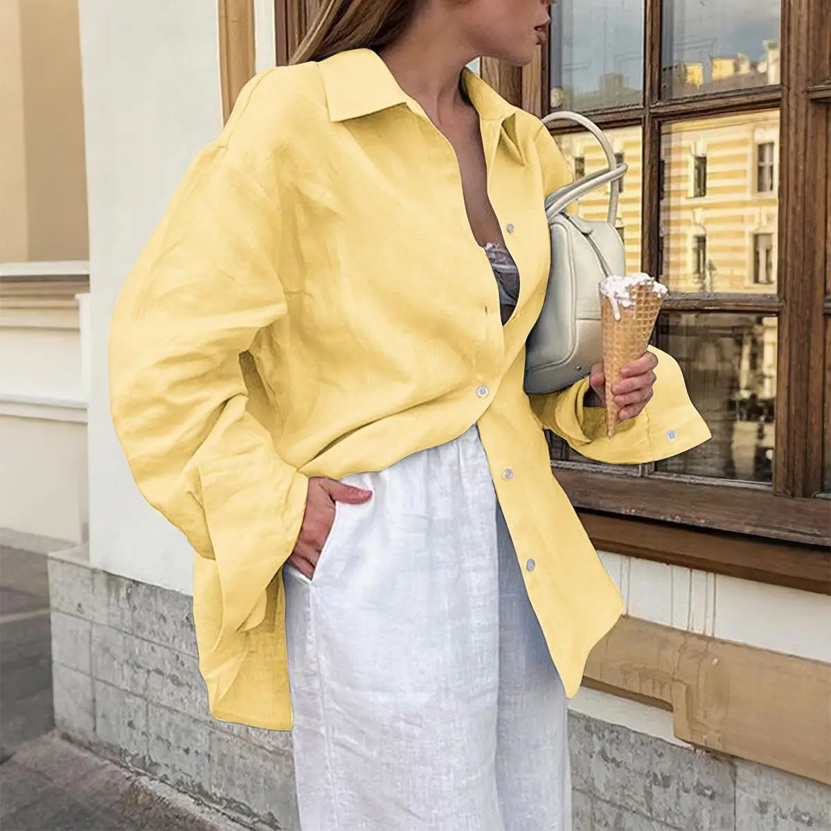 Women's Long Sve irt Small Sved Cotton Casual Faion European Sle Iron-Free Clothing Pure Color Autumn Season