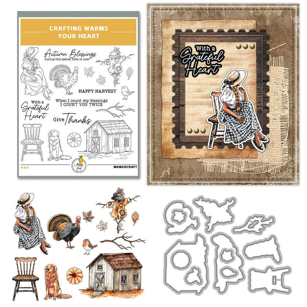 Mangocraft Autumn Cottage Scarecrow Women Cutting Dies Clear Stamp DIY Scrapbooking Metal Dies Silicone Stamp Cards Albums Decor