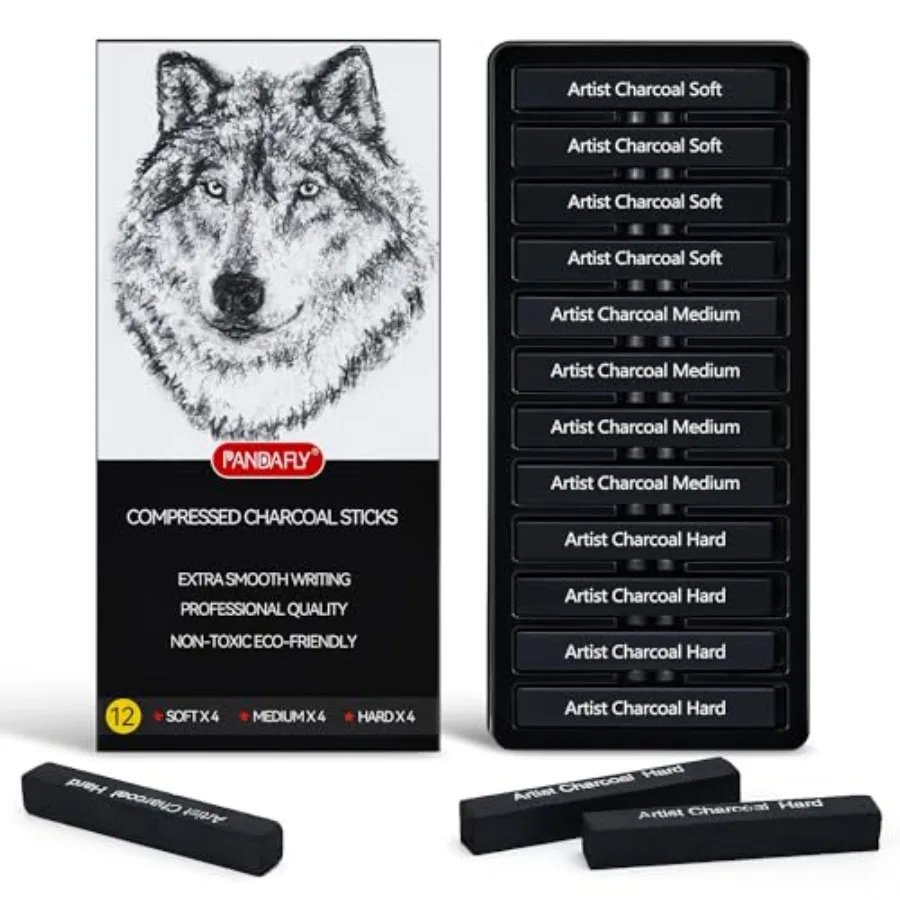 12 Pieces Compressed Charcoal Sticks, Soft, Medium, Hard, Black Square Vine Charcoal Sticks for Drawing, Sketching, Shading, Ch