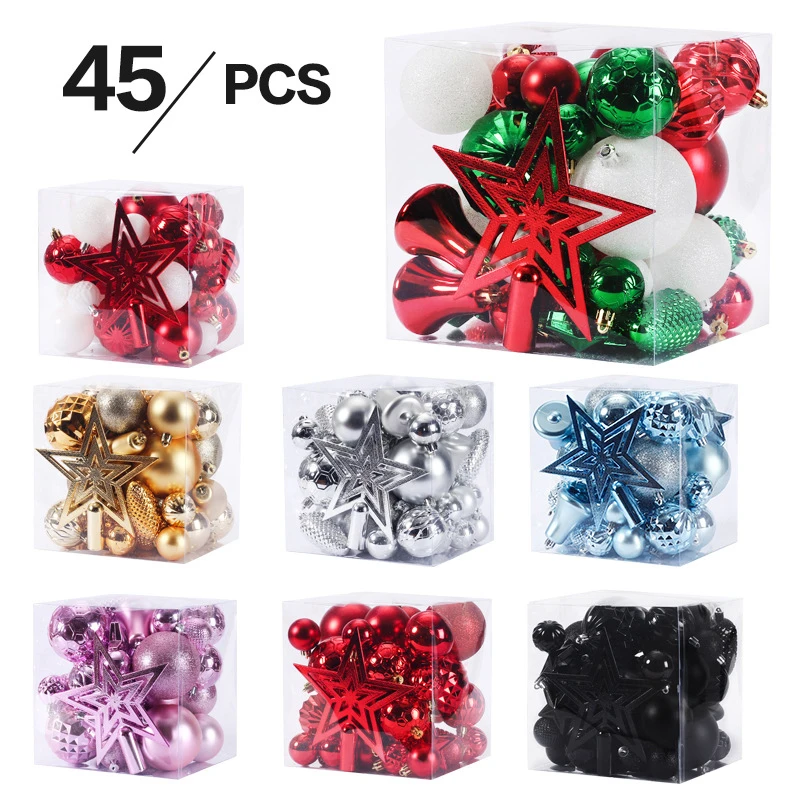 

45Pcs Christmas Balls with Tree Topper Xmas Decor Christmas Treen Decorations Plastic Ball Ornament Pendant New Year Home Decor