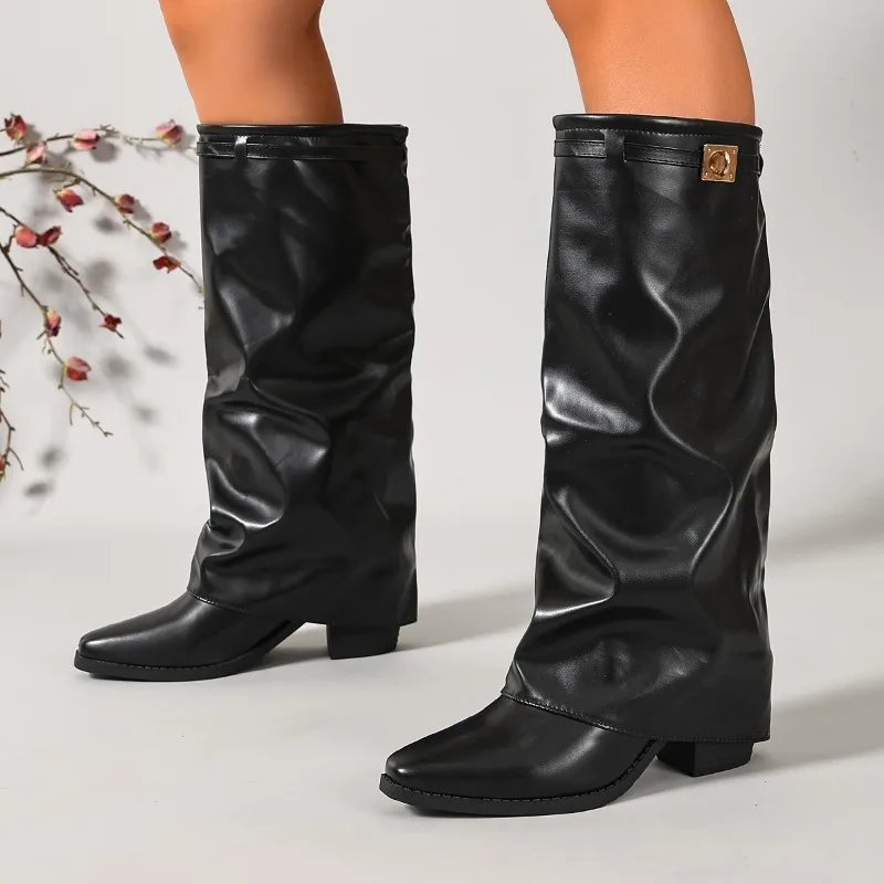Botas largas de cuero para mujer, de diseño, que estilizan la figura, ideales para otoño e invierno, con caña ancha, estilo «botas de tiburón», con tacón de cuña y hasta la rodilla.