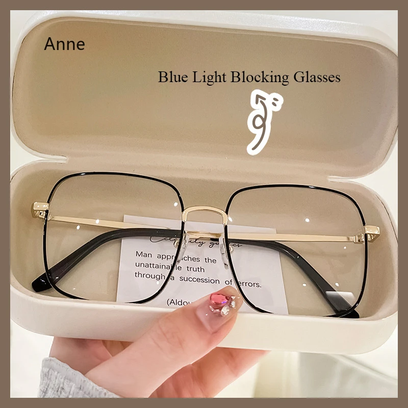 Large Frame Anti Blue Light Women's Glasses No Degree Flat Glasses Metal Frame AC Lenses Computer Glasses for Women