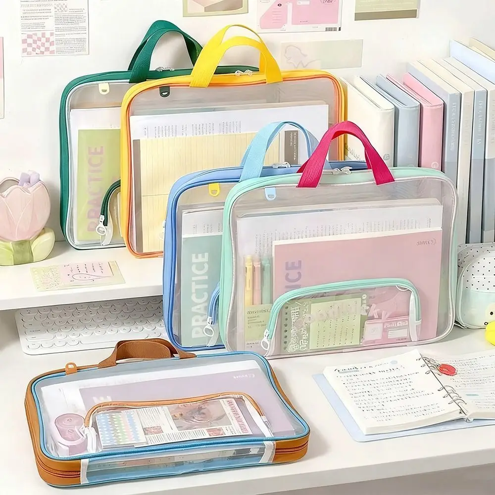 Portable Mesh A4 File Bag Large Capacity Transparent Document Bag with Handle File Organizer School Supplies