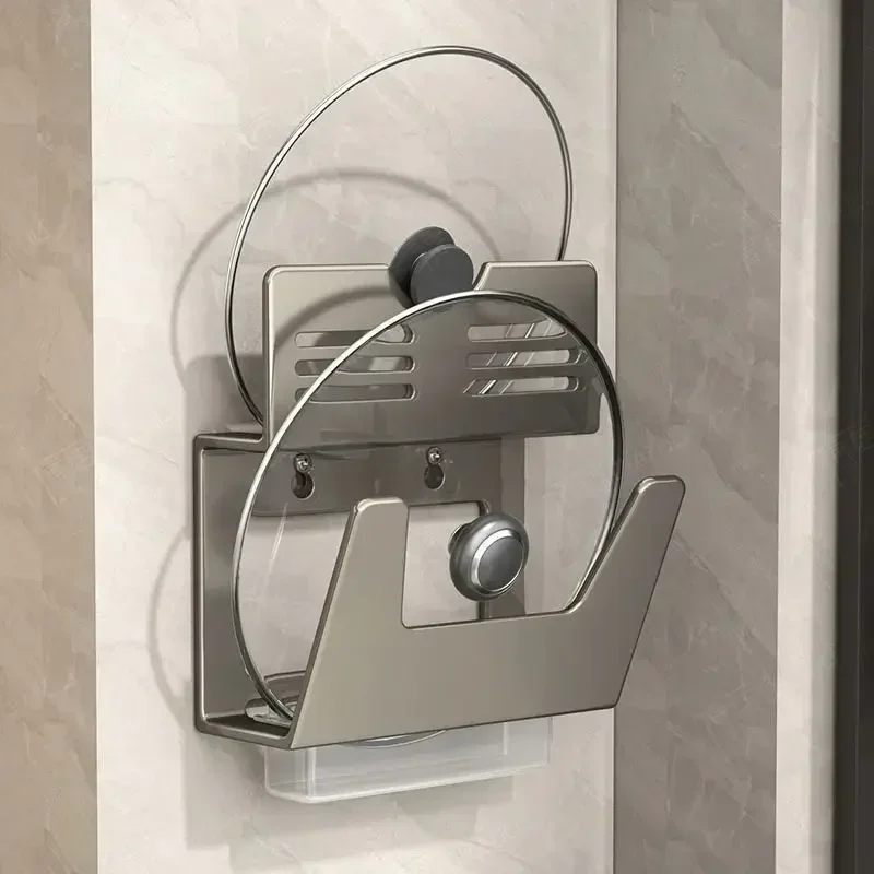 Kitchen Pot Lid Holder Wall Mounted Pot Cover Rack Punch-Free Pot Lid Shelf Suspension Space-saving Cutting Board Drainage Rack