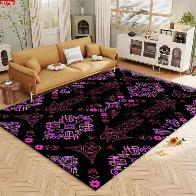 Black Background Purple Pink Bohemian Geometric Floral Carpet Flooring, Symmetrical Ethnic Mandala Repeating Pattern Area Rug for Living Room Bedroom Home Interior