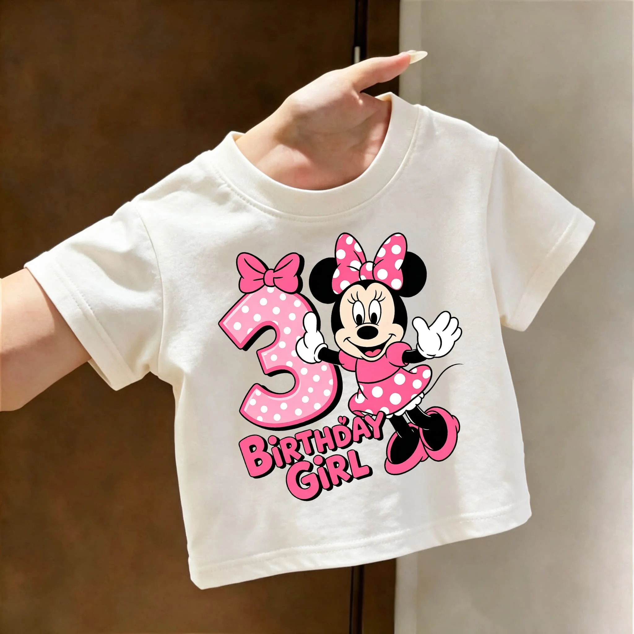 Camiseta de Minnie Mouse de Disney para niños, camisetas con números, camiseta básica con dibujos animados, ropa blanca y rosa de verano, ropa suave de manga corta, regalo de cumpleaños