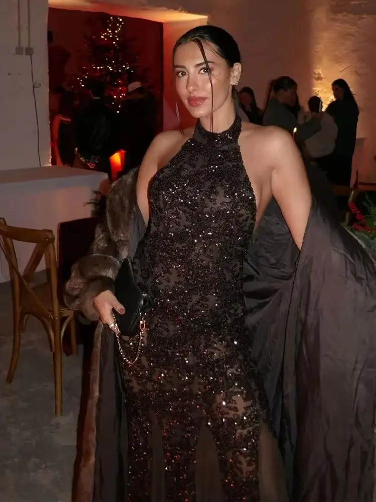 

HH 2026 Woman Fashion Halter Neck Sleeveless Backless Sequin Embroidered Chic Sexy Evening Dress Women Summer Elegant Long Dress