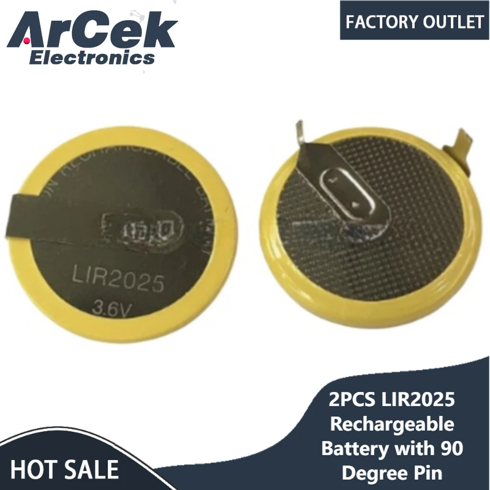 2PCS LIR2025 Rechargeable Battery with 90 Degree Pin 2025 for Automobile Remote Control Key Can Replace CR2025