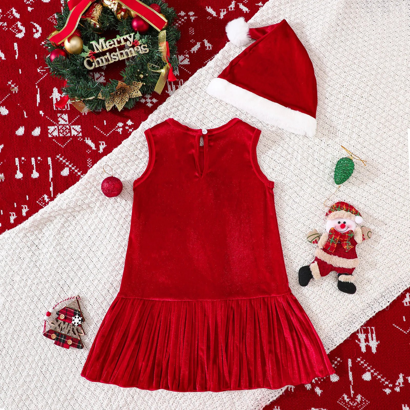 Christmas Children's Clothing 2025 New Girls' Velvet Dress with Star Flower Print Vest Skirt+Christmas Hat