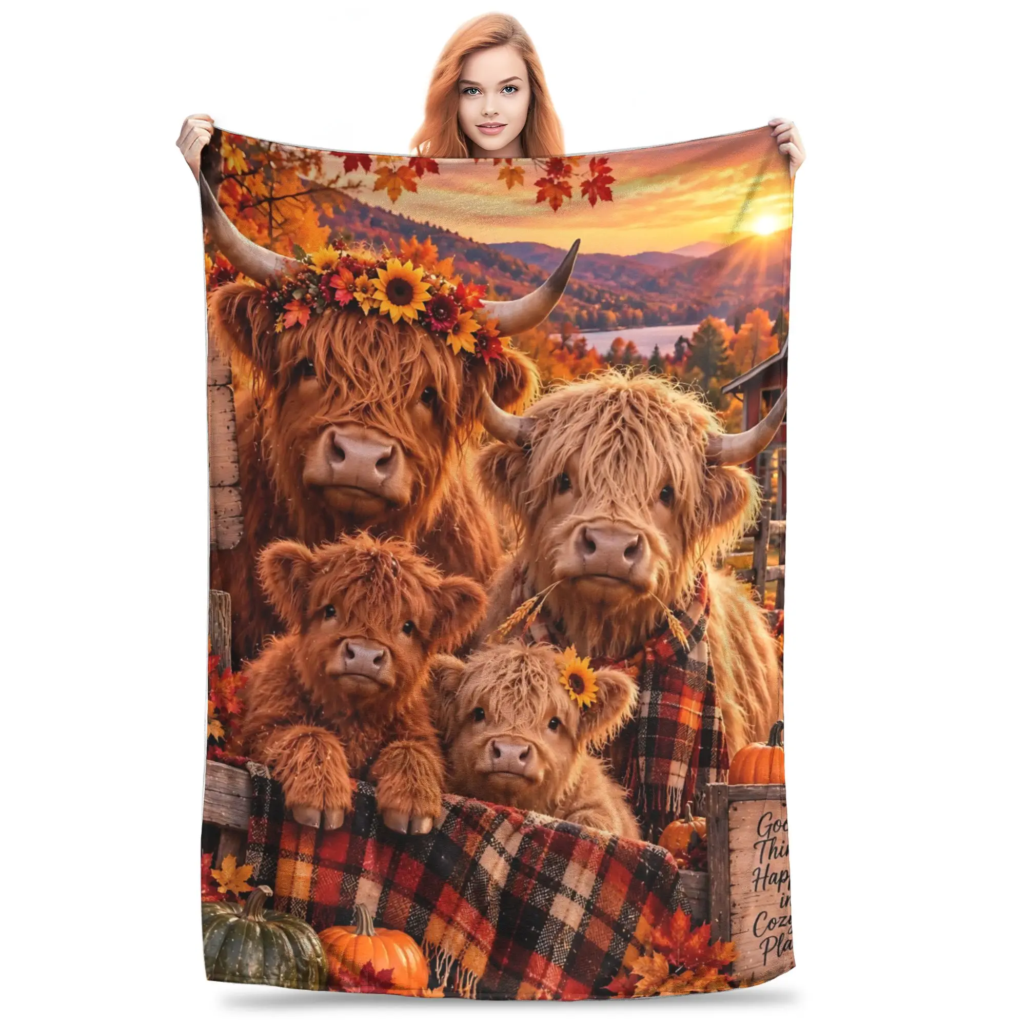 1PC Home Cutecore Room Decor Happy Fall Yall Highland Cow Blanket Throw Blanket  Novelty Warm Blanket All Season