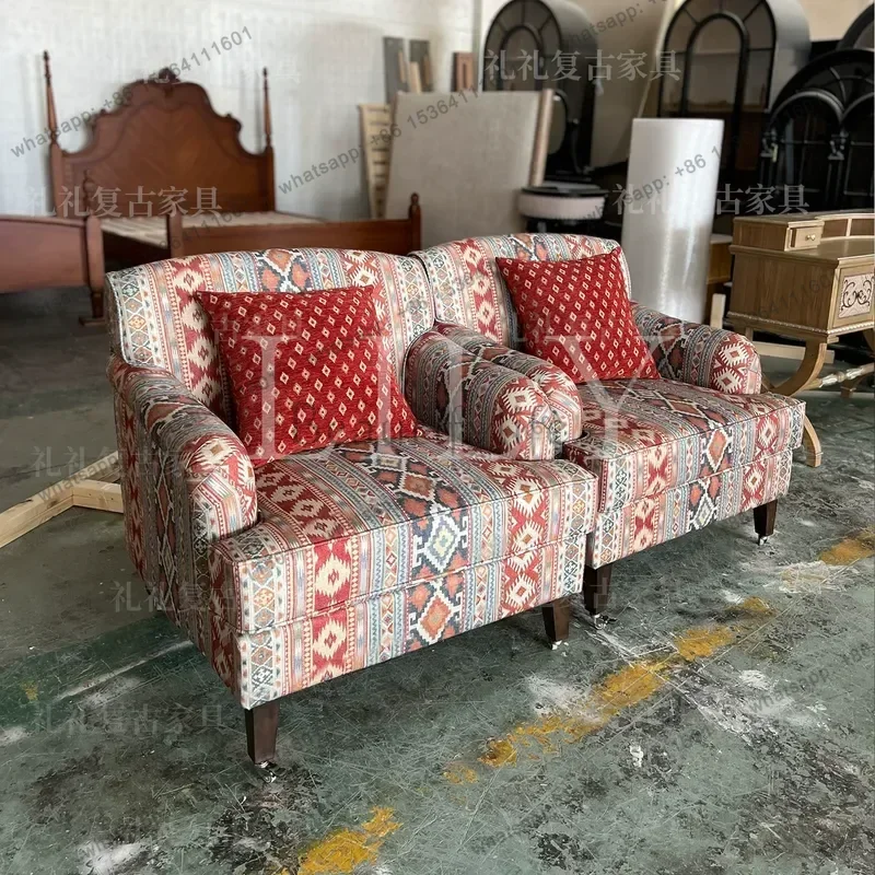 Retro Plaid Solid Wood Sofa Chair Single Seat for Living Room Bedroom Balcony Leisure Armchair