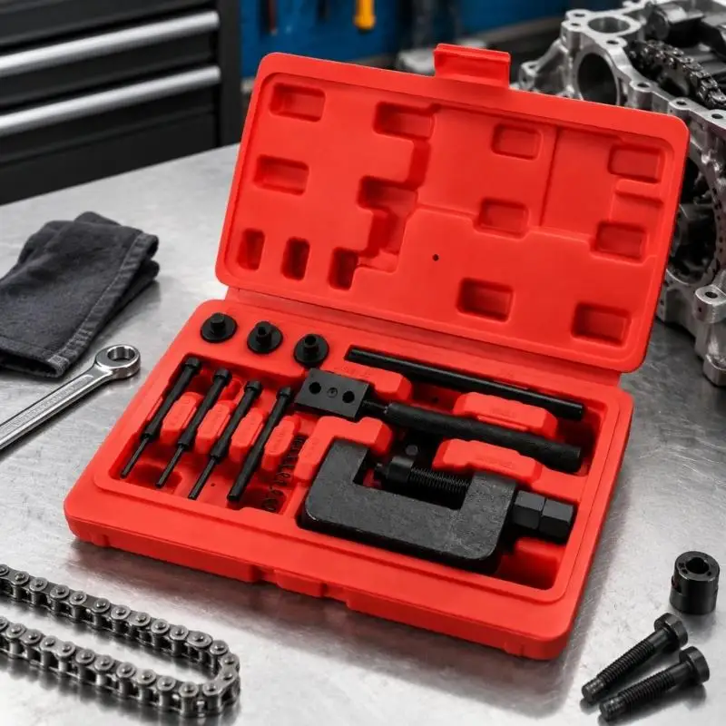 Cycle Chain Breaker and Joining with C-Frame Press, Textured-Grip Threaded Handle, and Organized Working Components in D2RD
