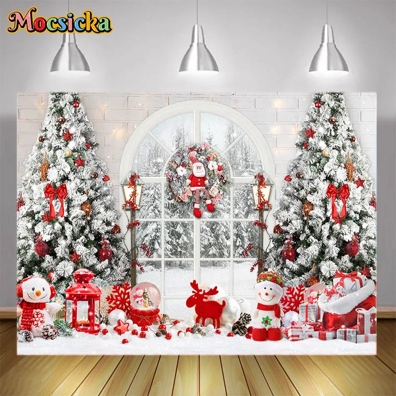 Mocsicka Photography Background Indoor Christmas Window Xmas Tree Snowman Toys Kids Family Photo Decoration Backdrop Photobooth