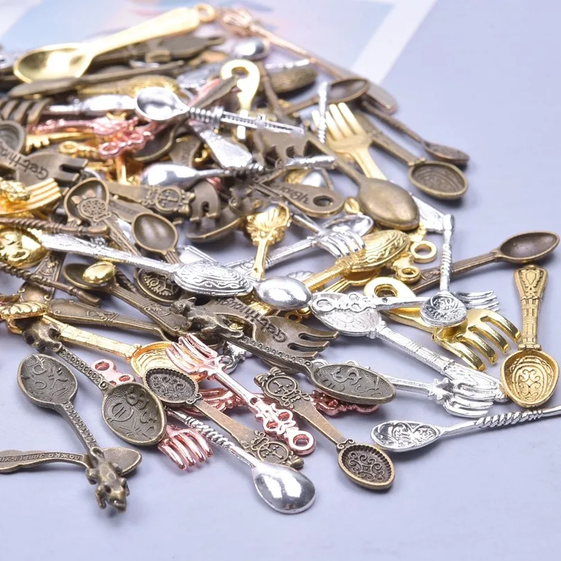 30/50/100pcs Random Mix Spoon Knife Fork Tableware Charms Pendant For Jewelry Making Diy Bracelet Keychain Handmade Accessories