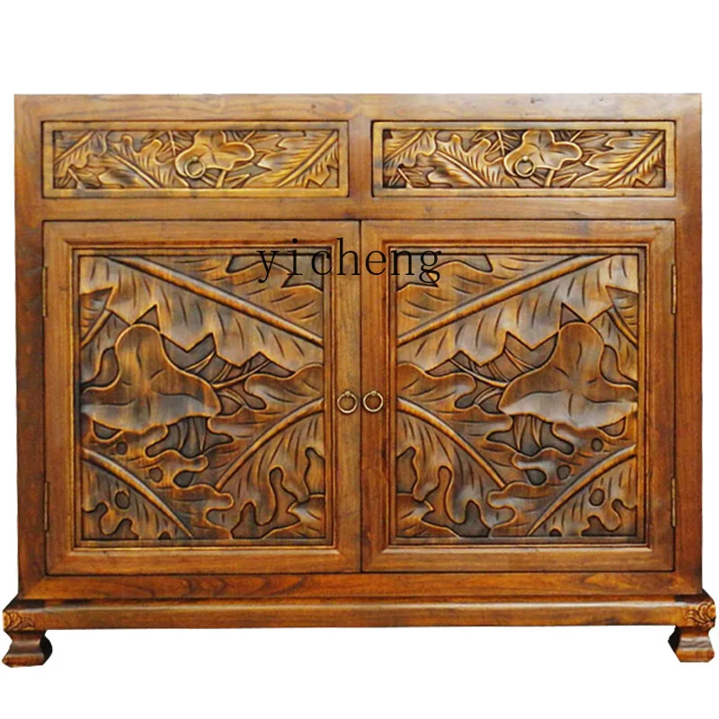 Yy Solid Wood Shoe Cabinet Curio Cabinet Chinese Elm Carved Hallway Entrance Cabinet