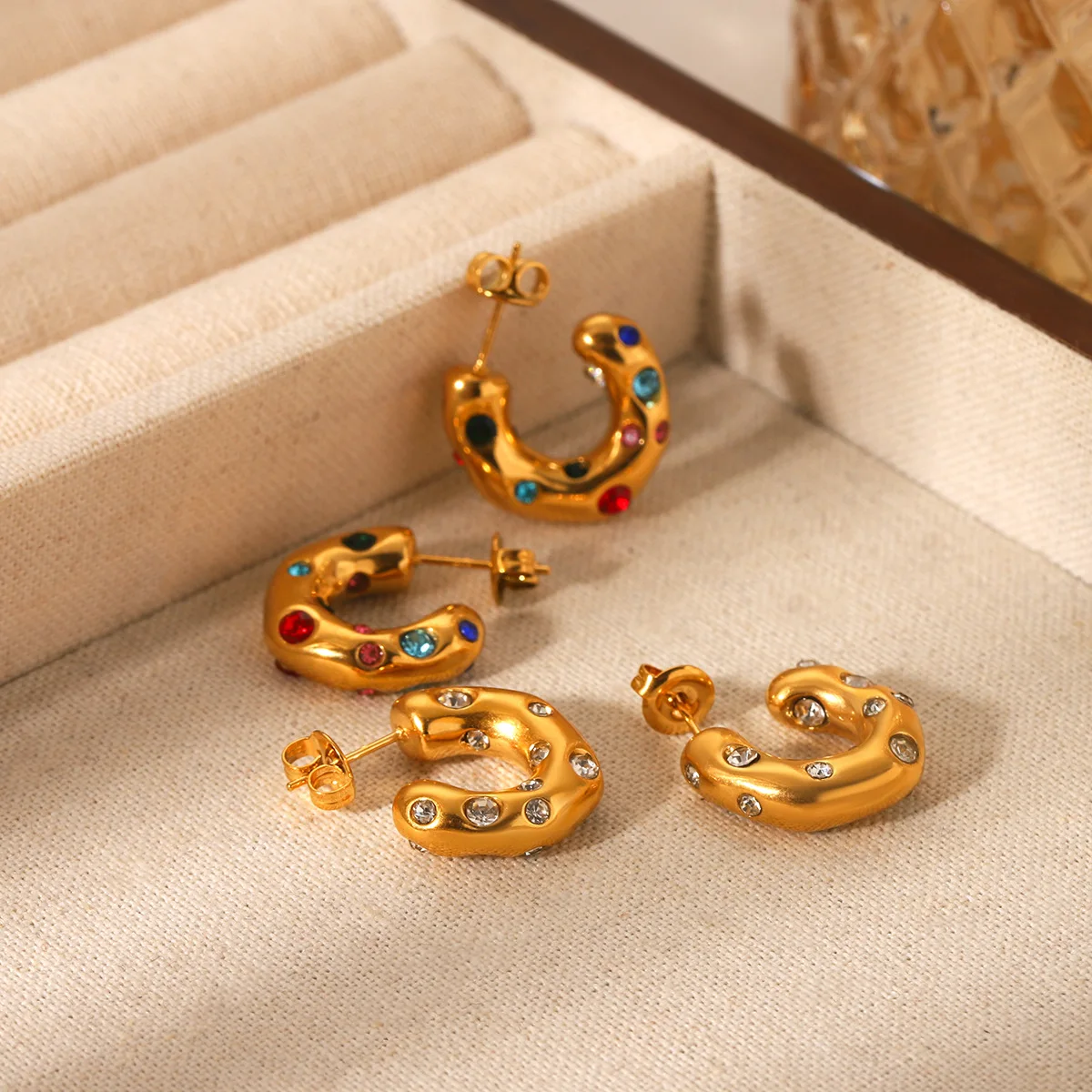 

Stainless steel 18K gold-plated earrings with zircon C-shaped design, perfect jewelry gift for women