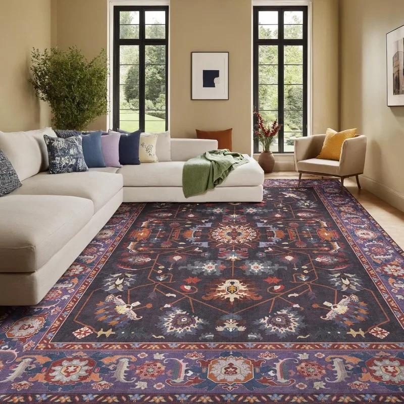 

Retro Art Living Room Carpet Colorful Print Pattern Foldable Machine Washable Bedroom Bedside Rug Soft Coffee Table Floor Mat 러그