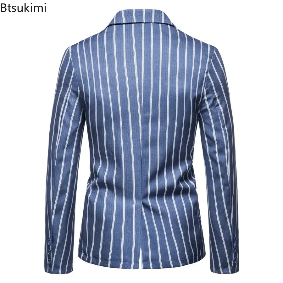 New 2024 Men\'s Casual Large Size Suit Jacket Fashion Blue Stripes Two Buttons Party Business Blazers Men Formal Blazer Jackets